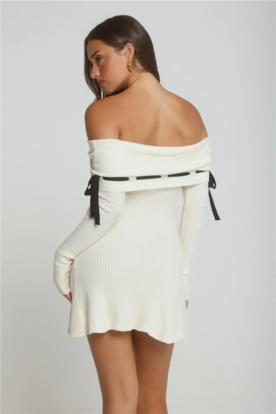 Winter Spice Off Shoulder Knit Mini Dress Cream