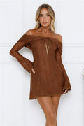 Secret Smile Lace Off Shoulder Mini Dress Brown