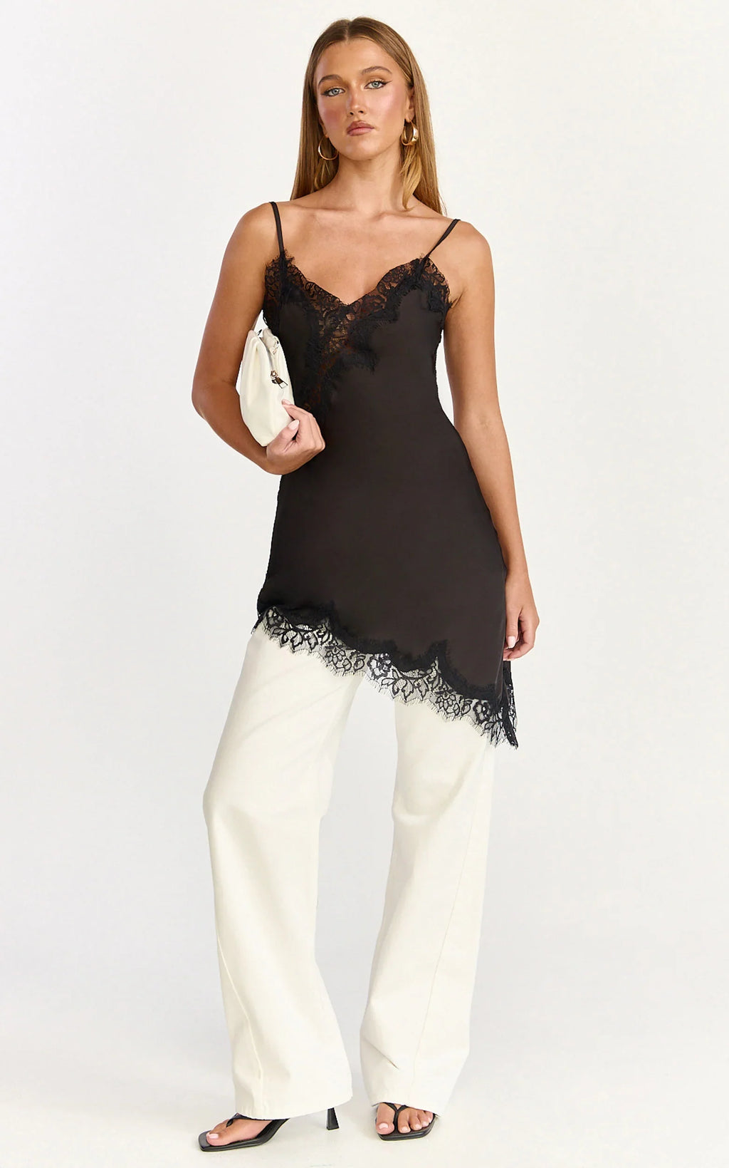 Iris Mini Dress - Lace Trim Asymmetrical Camisole Dress in Black