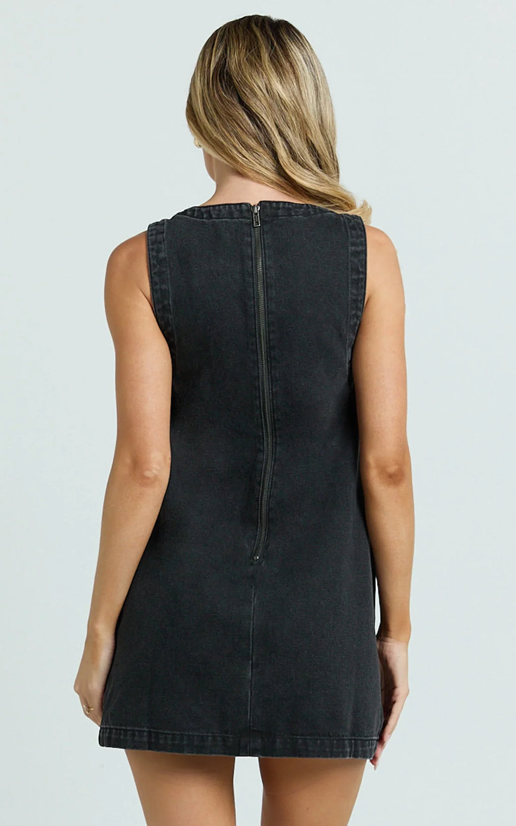 Leia Mini Dress - High Neck Mock Button Down Mini Dress in Black Wash