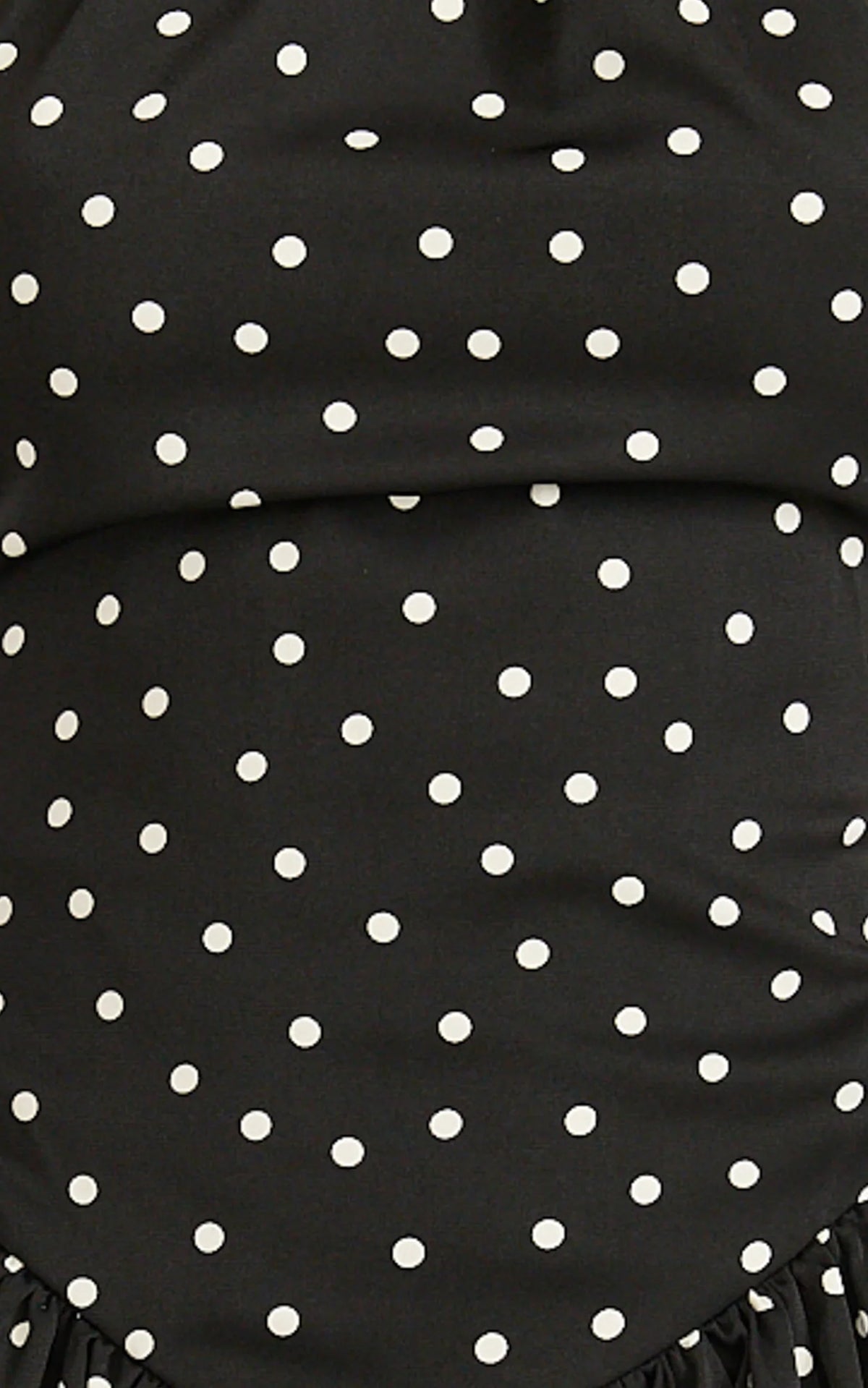Ruby Mini Dress - Halter Neck Tie Drop V Waist  Gathered Dress in Black Polka Dot Print