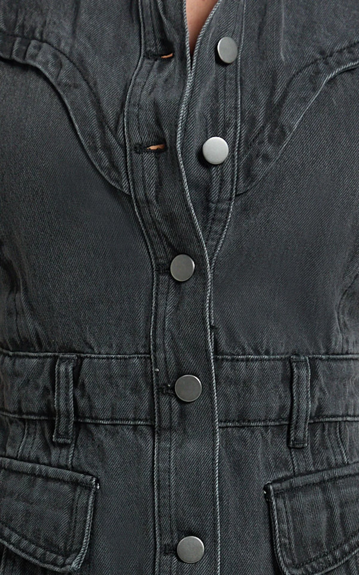 Jasse Mini Dress - Hardware Button Through Denim Dress in Washed Black
