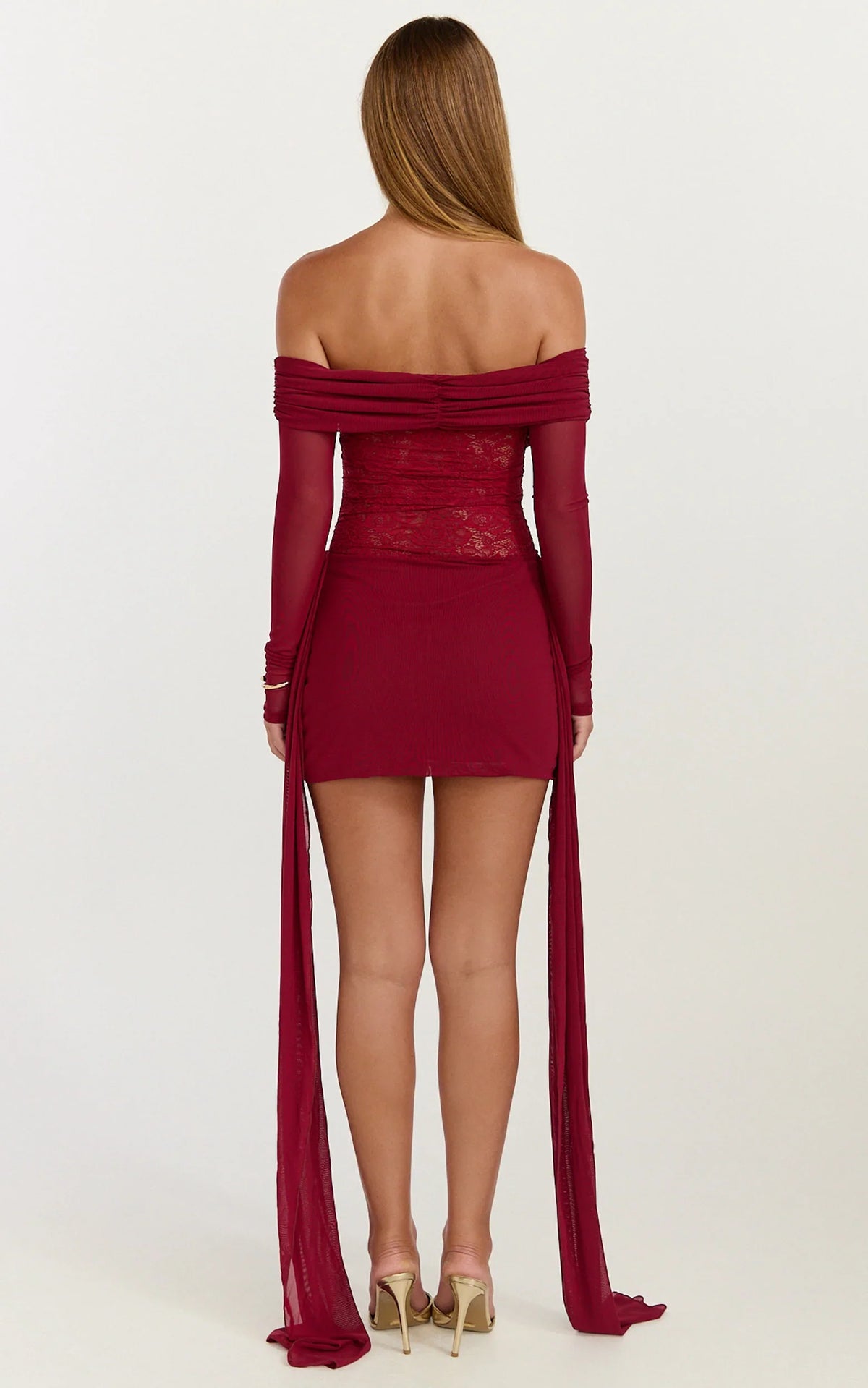 Vesper Mini Dress - Contrast Lace Bodice Long Sleeve Dress in Wine