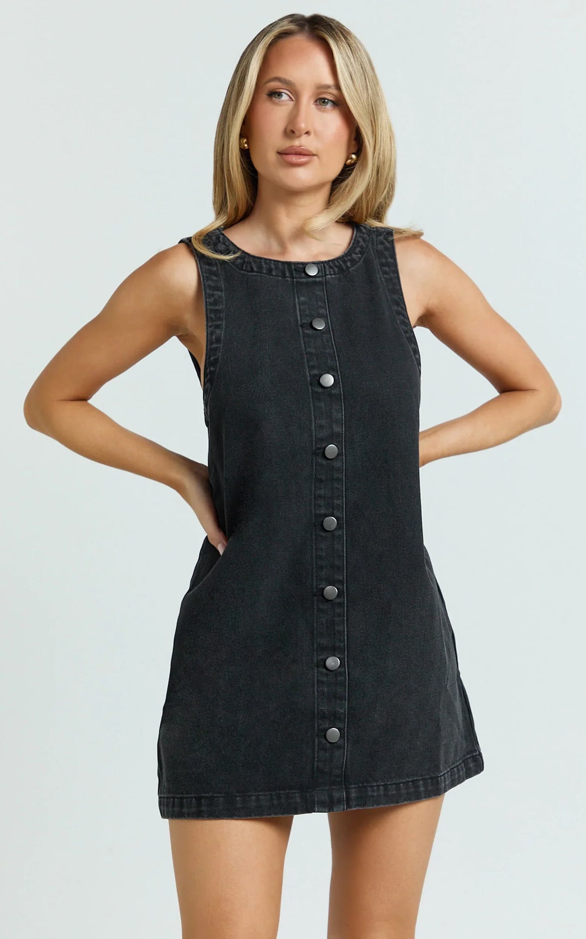 Leia Mini Dress - High Neck Mock Button Down Mini Dress in Black Wash