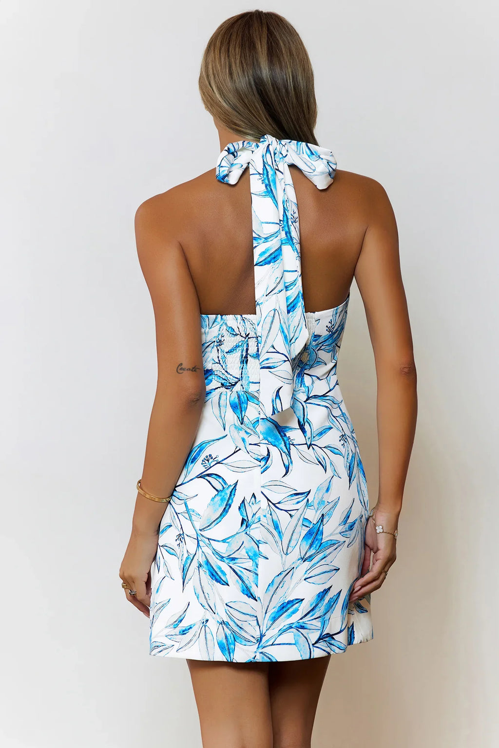 Island Bloom Halter Mini Dress Blue