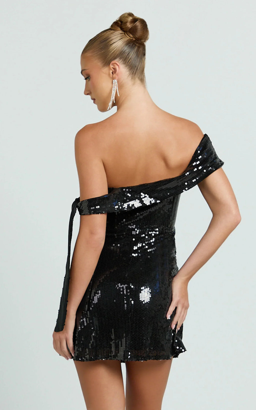 Ace Mini Dress - Sequin Off Shoulder Tie Detail Dress in Black
