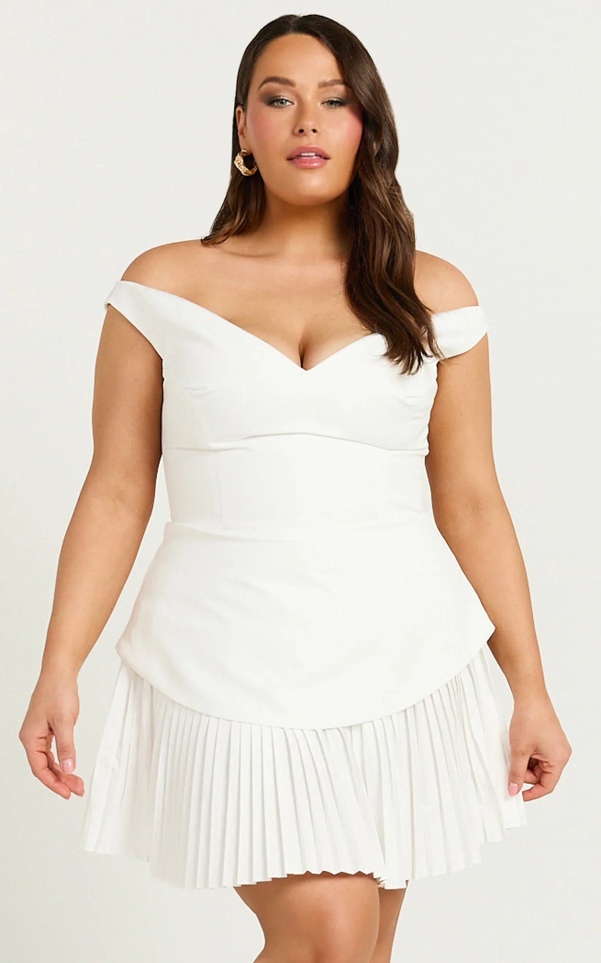 Izara Mini Dress - Off Shoulder Pleated Dress in Off White