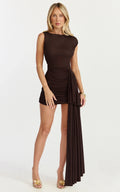 Baylee Mini Dress - Gathered One Shoulder Bodycon Dress in Dark Chocolate