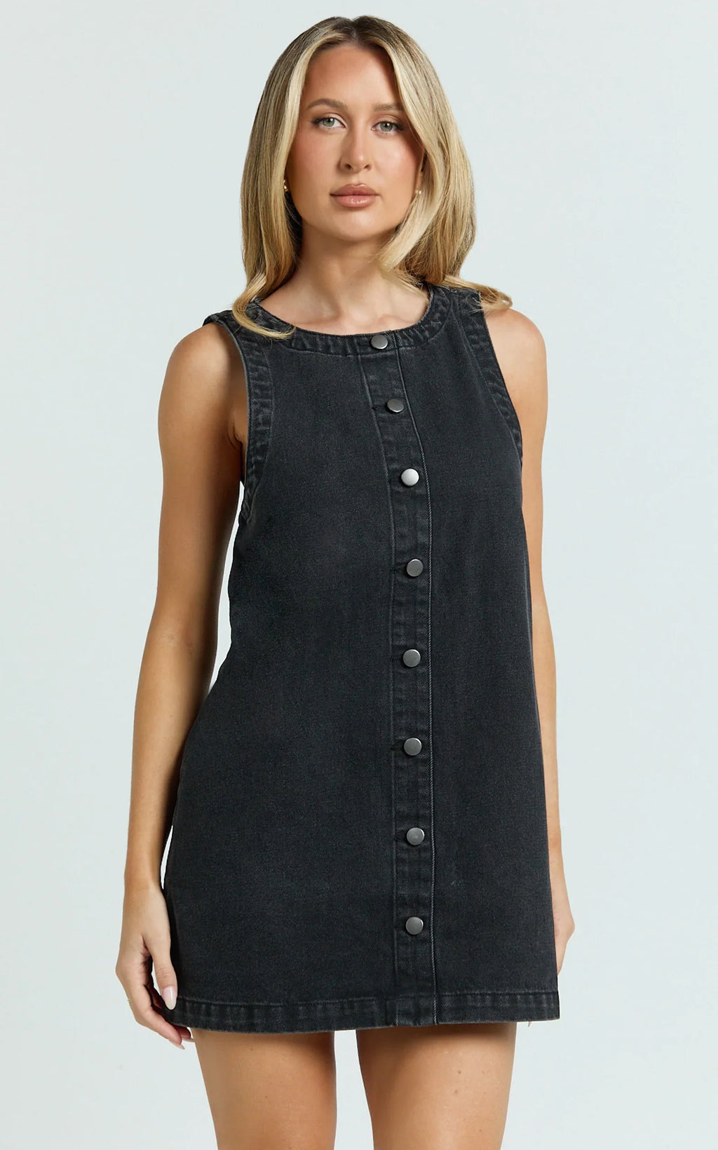 Leia Mini Dress - High Neck Mock Button Down Mini Dress in Black Wash