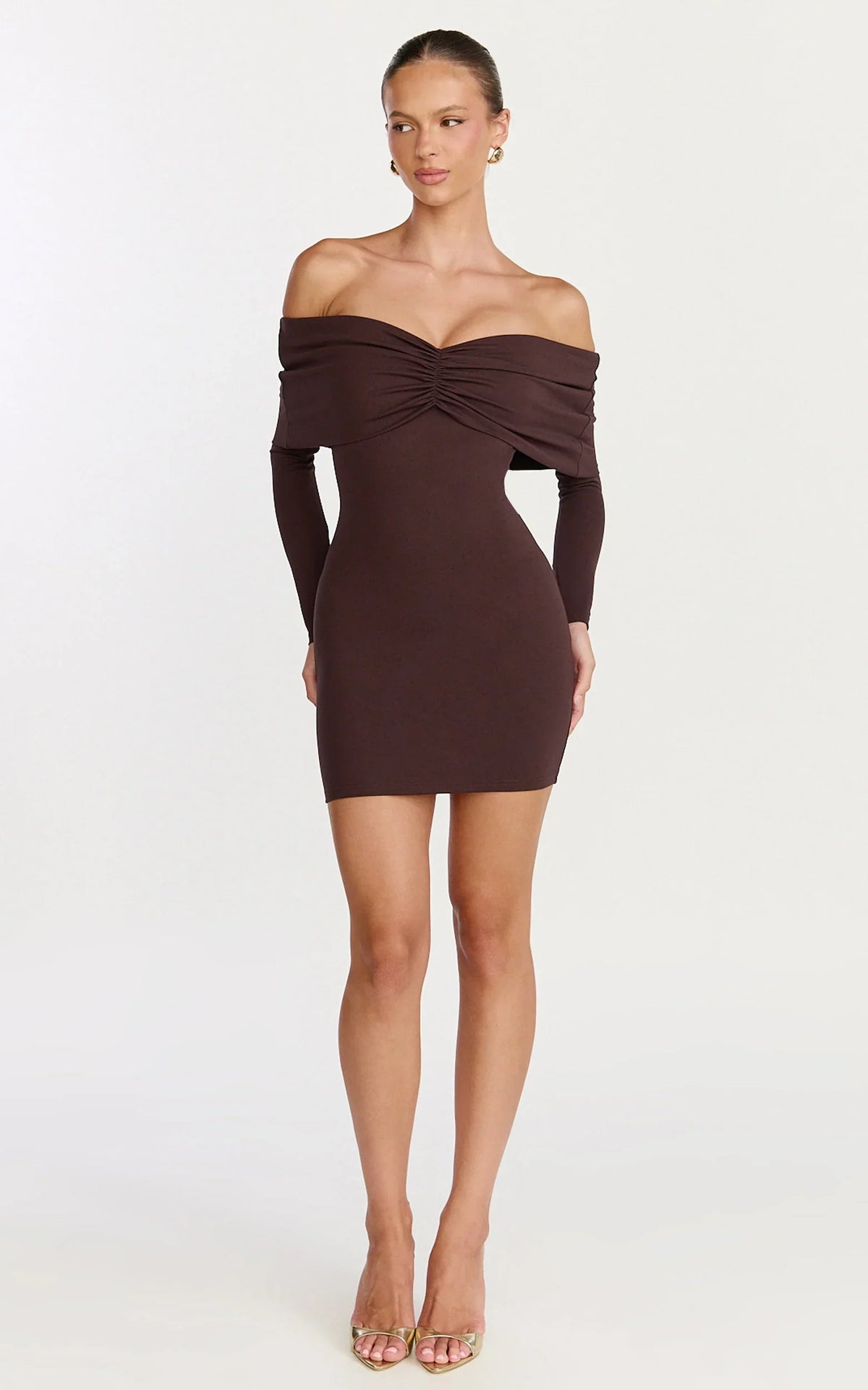 Rani Mini Dress - Off Shoulder Long Sleeve Bodycon Dress in Chocolate