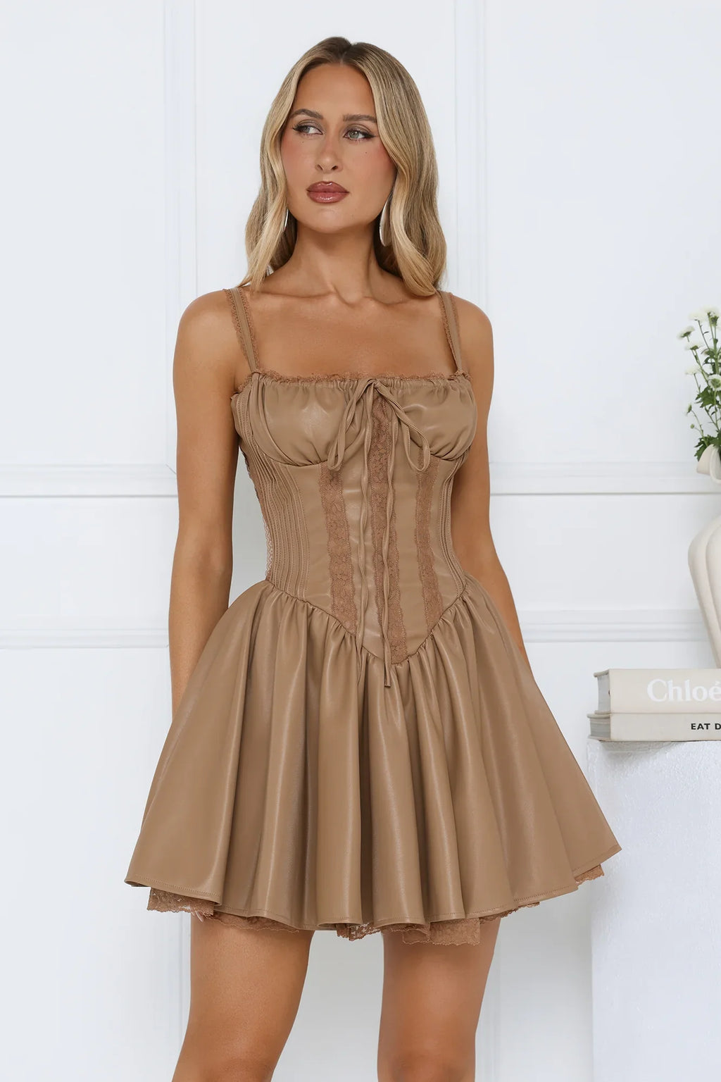 Whisper Luxe Faux Leather Mini Dress Taupe